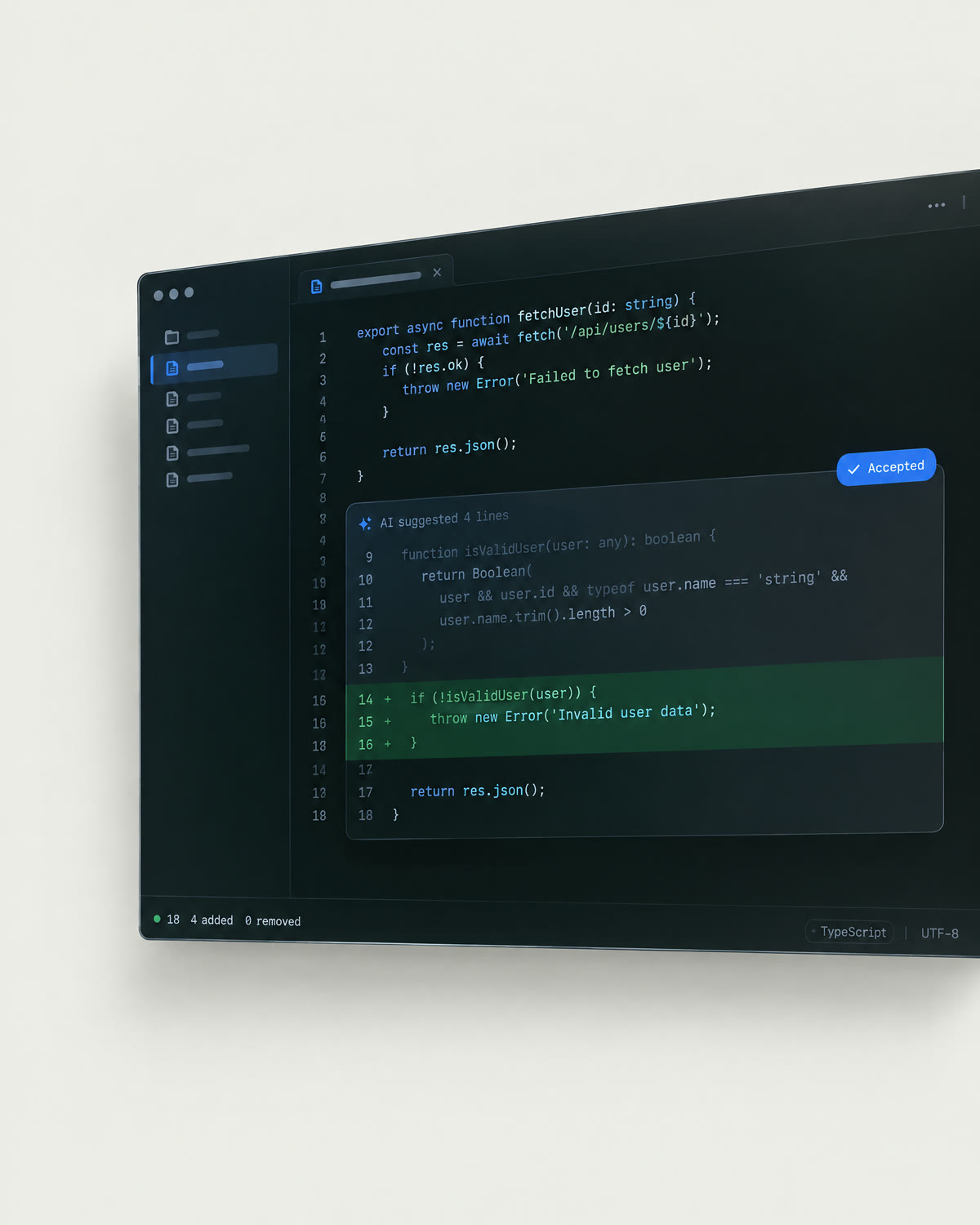 Code editor with an accepted AI suggestion and a green diff of the added lines